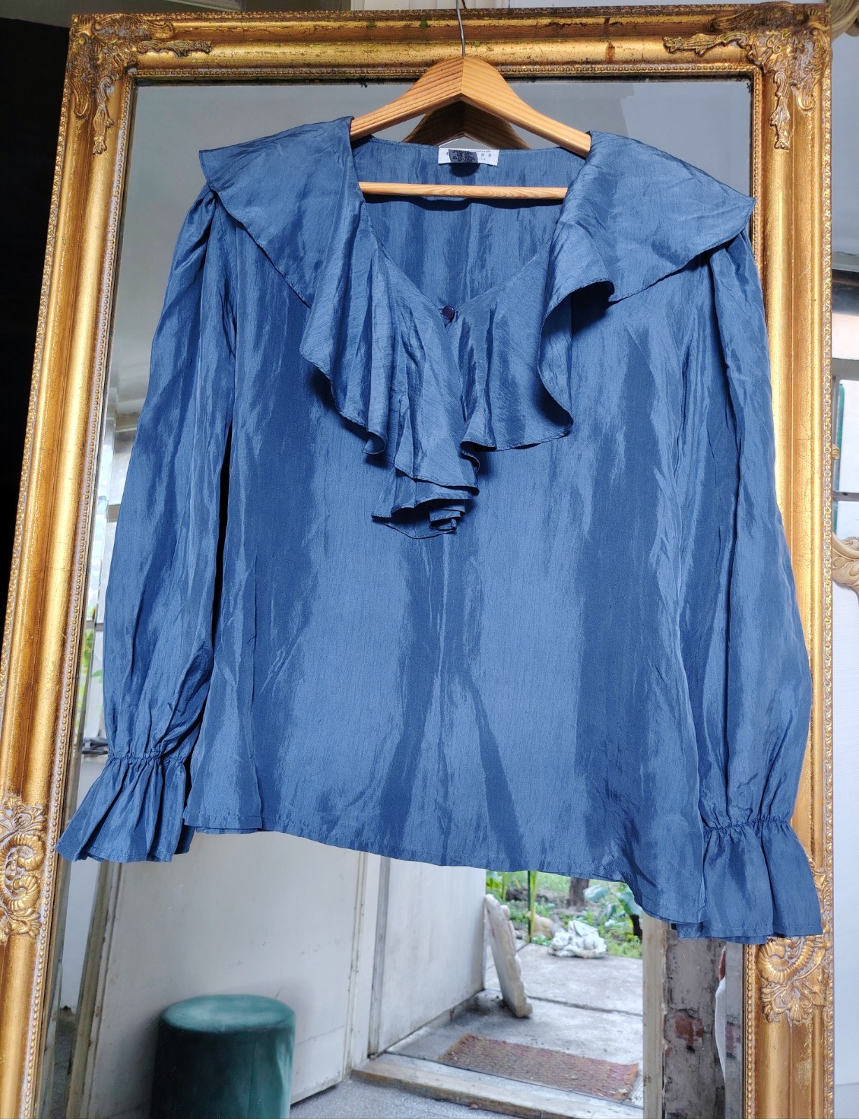 Blaue Damenbluse aus Seide von Express im Vintage Stil